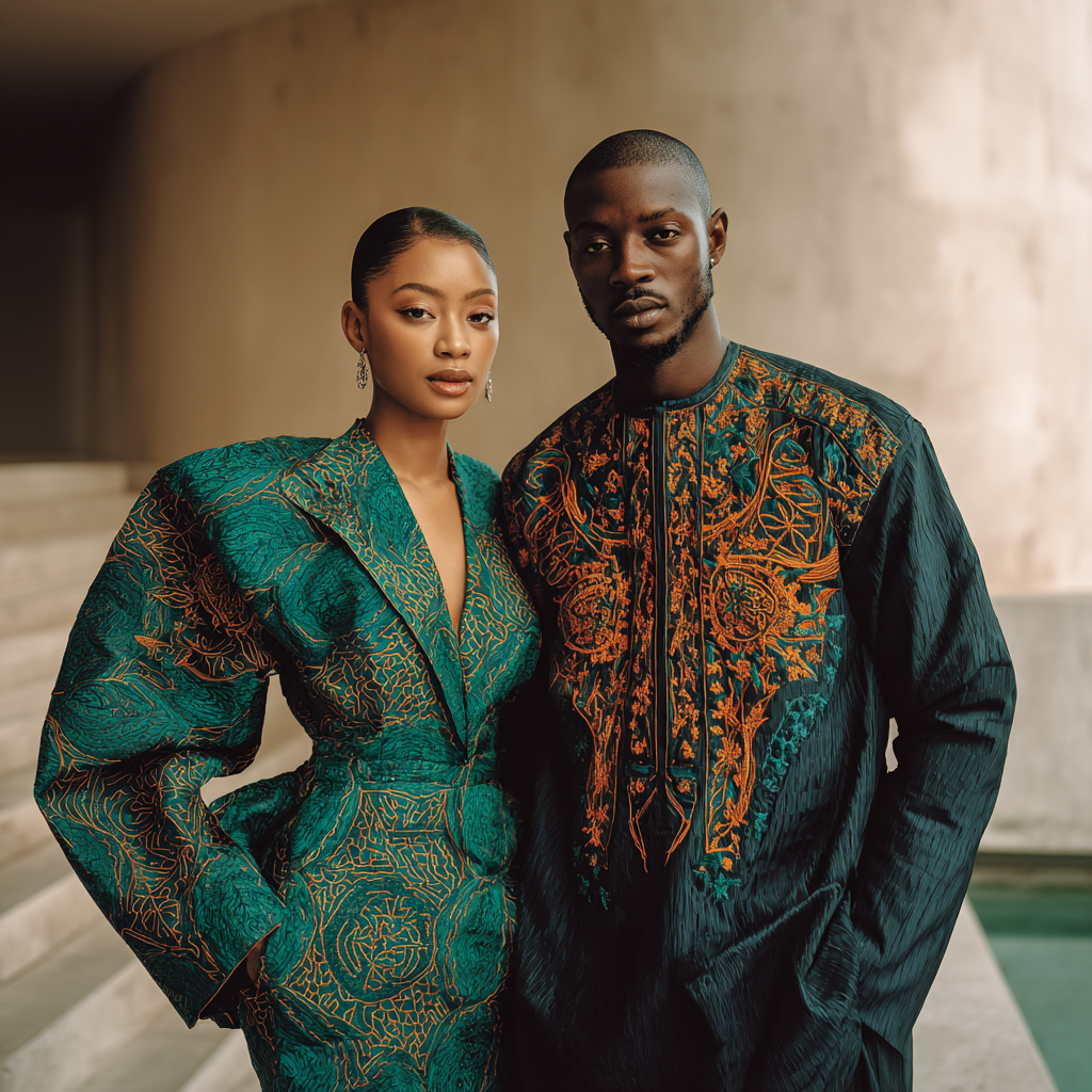 Elegant couple in embroidered teal and gold African occasion wear — AfroLikes Marketplace