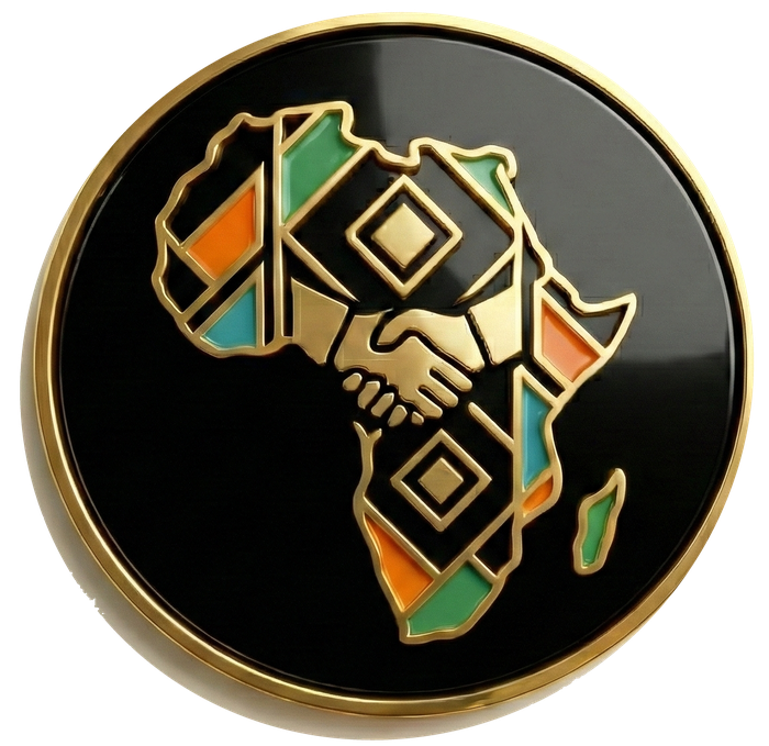 AfroLikes medallion emblem — map of Africa with a golden handshake on a black and gold coin